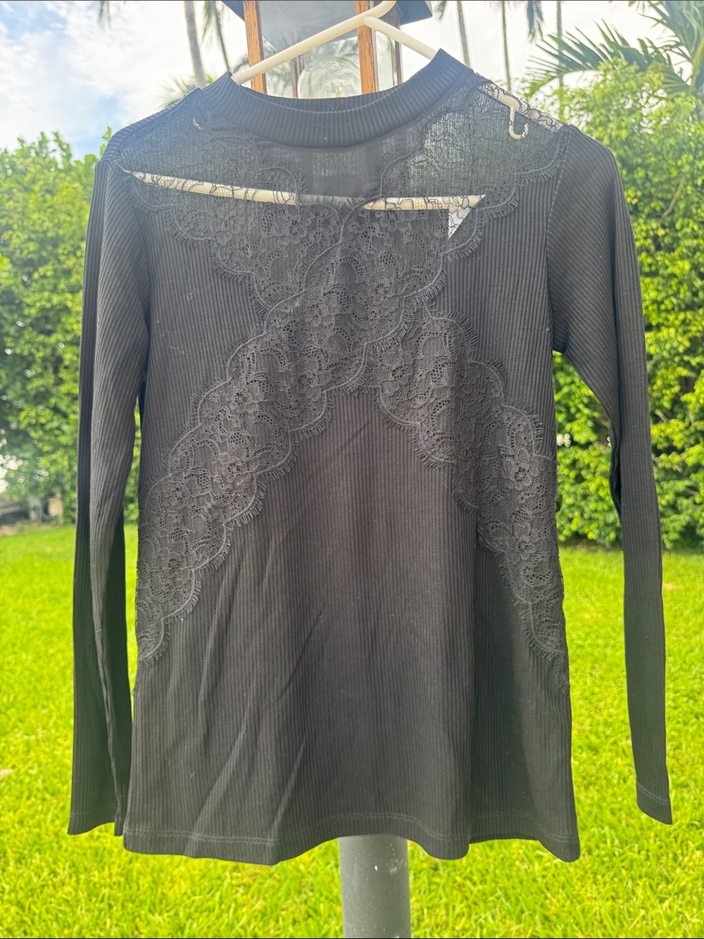 Sandro Paris Black Lace-Accent Ribbed Long Sleeve H15 Teva Noir  Size 1 Small